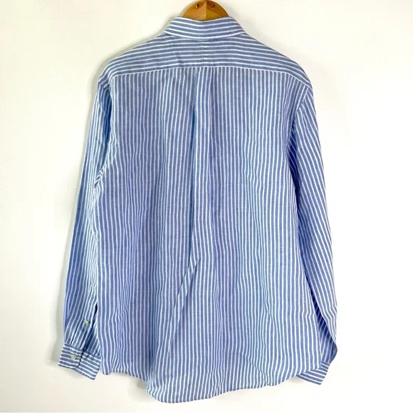 RALPH LAUREN | Ocean Wash Linen Blue and White Stripe Button Long Sleeve Large - Picture 5 of 7